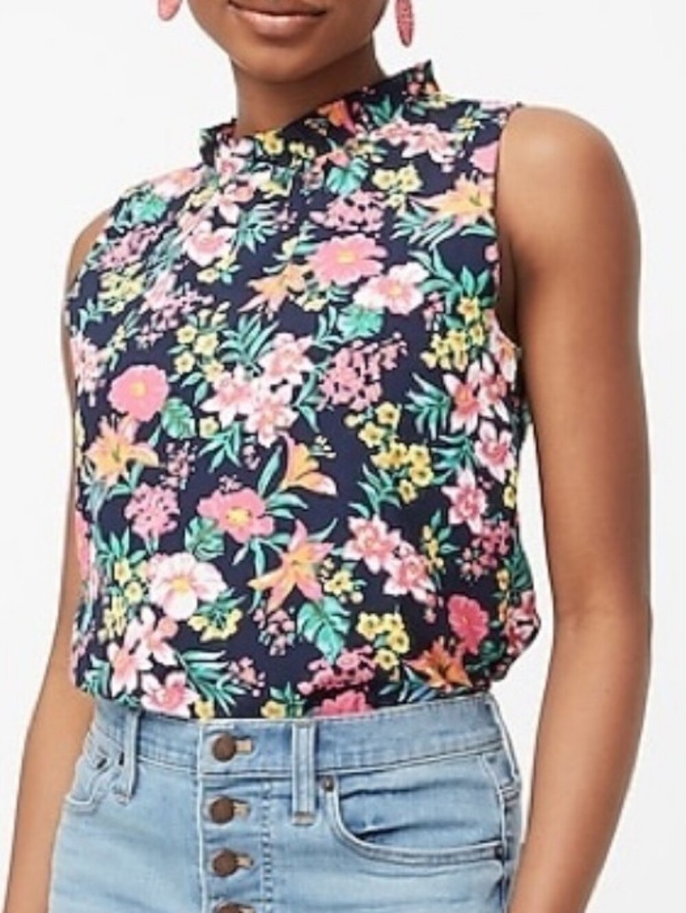 J. Crew Navy Floral Sleeveless Ruffleneck Blouse Top Size Large Romantic